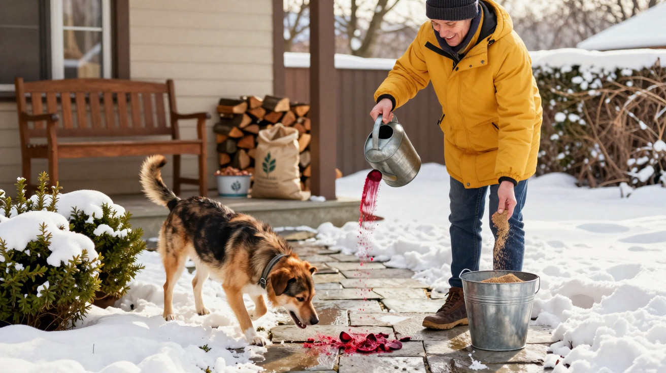 Homem alimentando pássaros com um cachorro ao lado em caminho coberto de neve.