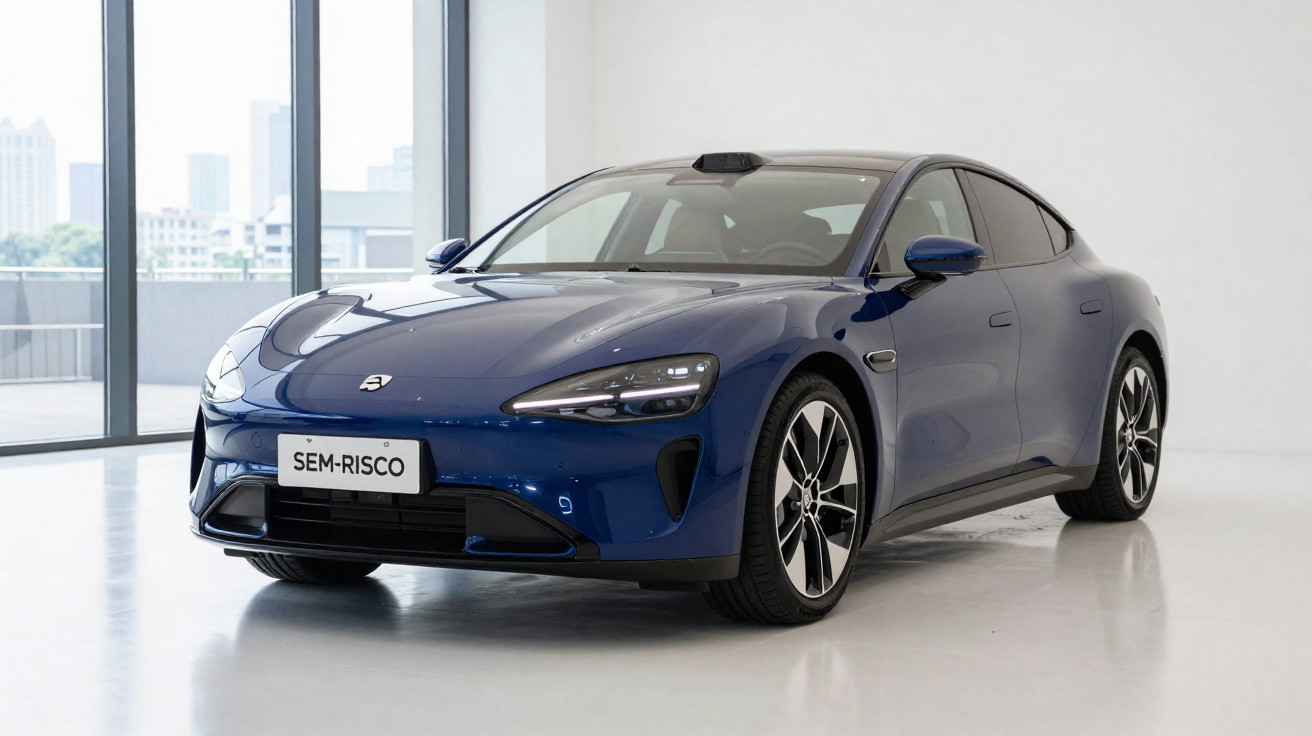 Carro elétrico esportivo azul em ambiente interno com placa personalizada "SEM-RISCO".