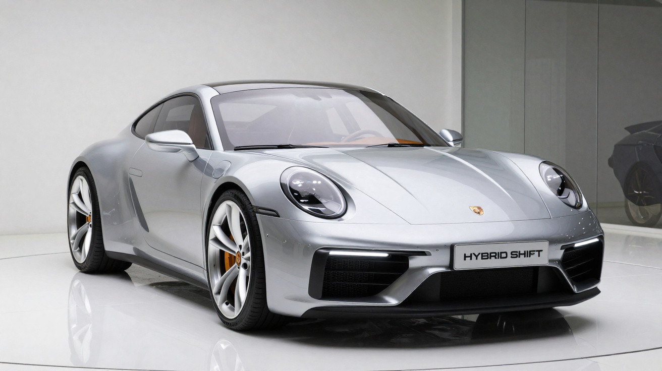 Carro esportivo Porsche prata, modelo híbrido, exibido em ambiente interno com piso refletivo.