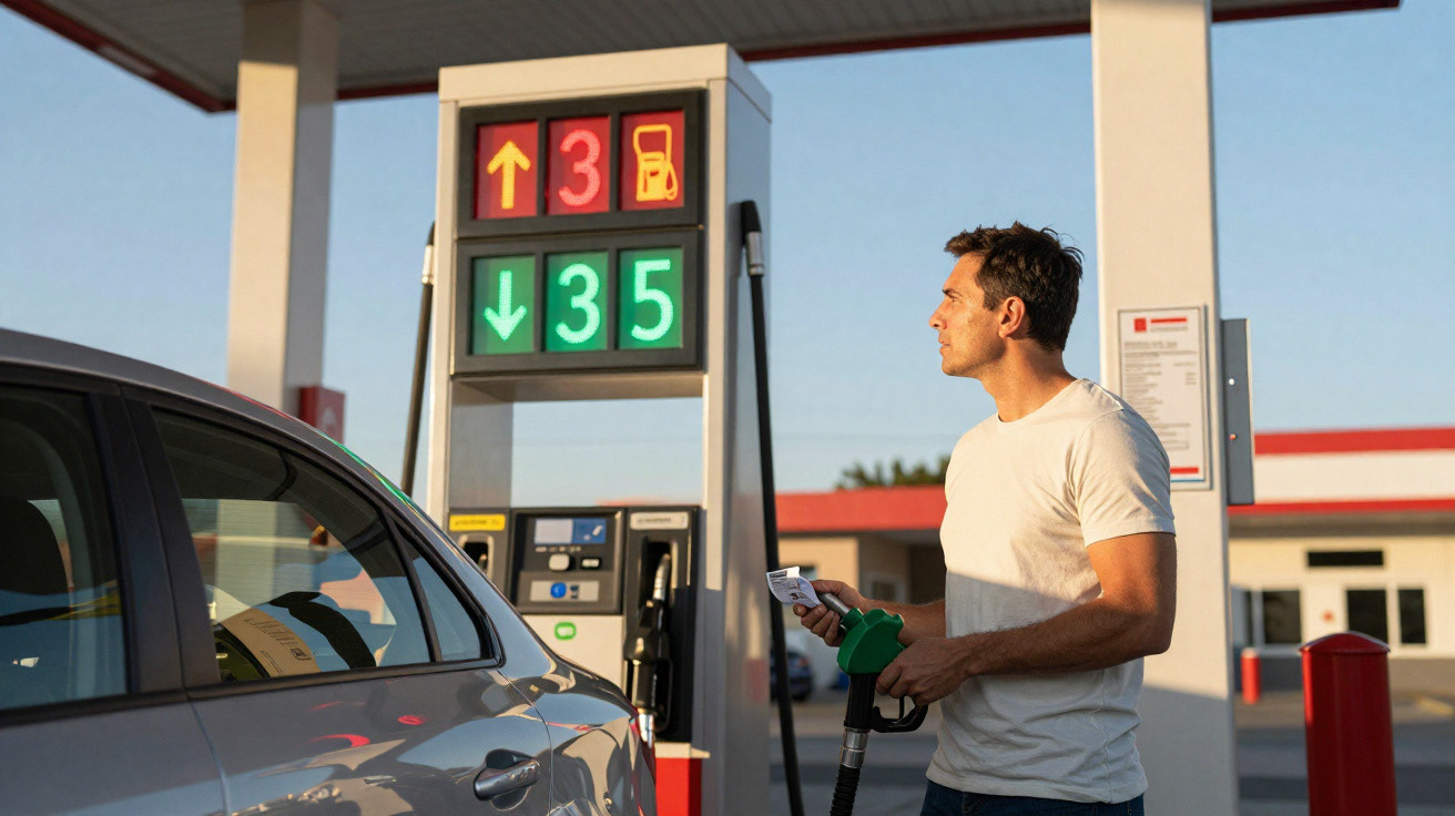 Homem abastecendo carro em posto de gasolina, observando preços no painel digital.
