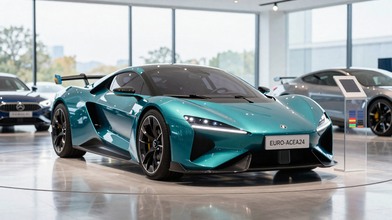 Carro esportivo azul metálico em showroom moderno com grandes janelas e outros veículos ao fundo.