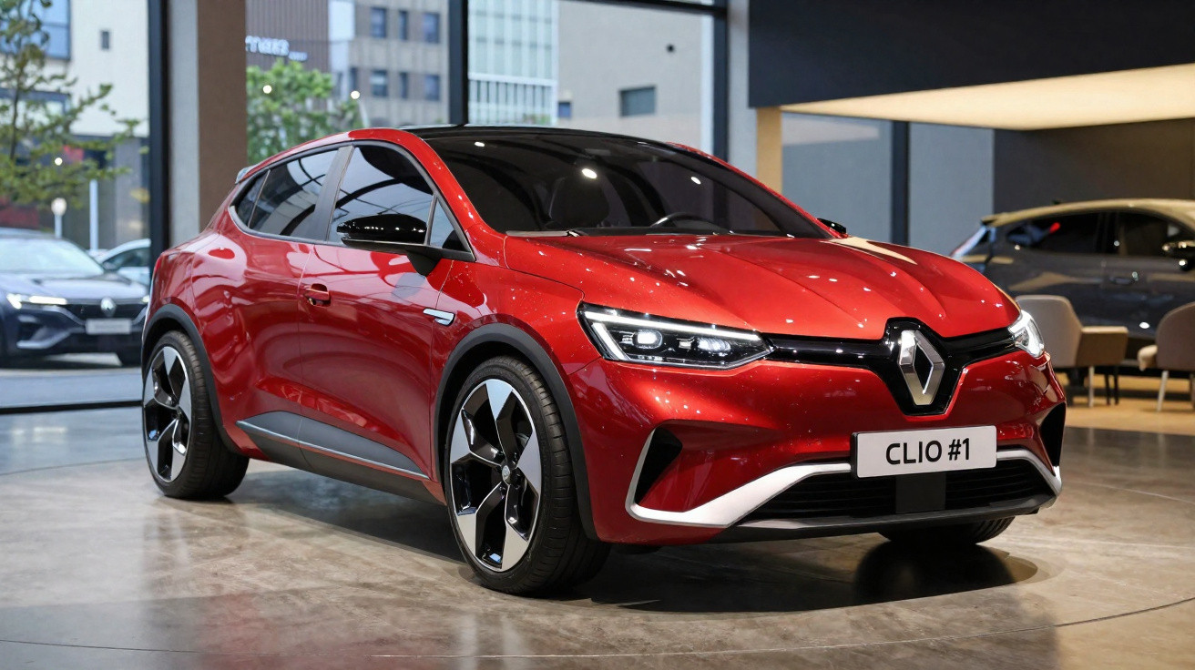 Carro Renault Clio vermelho exibido em showroom moderno com iluminação interna.