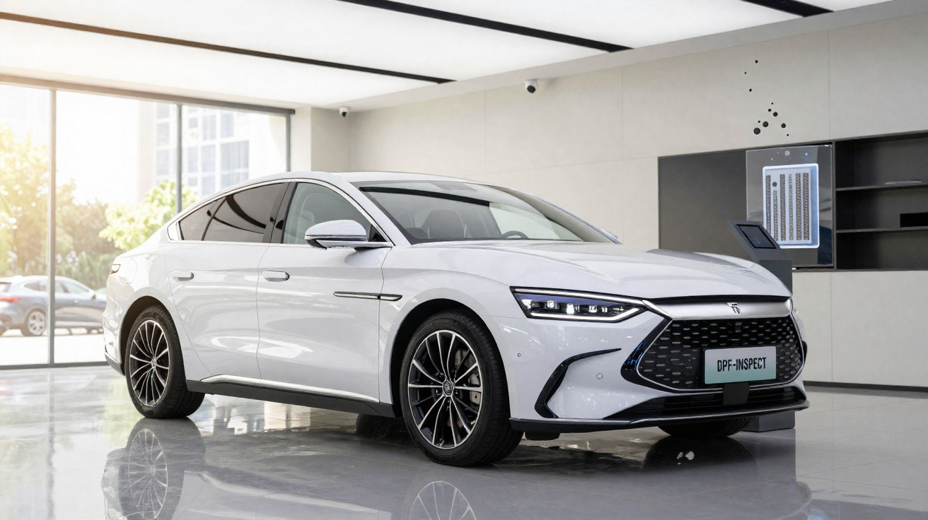 Carro elétrico branco em exposição dentro de showroom moderno com piso brilhante e iluminação natural.