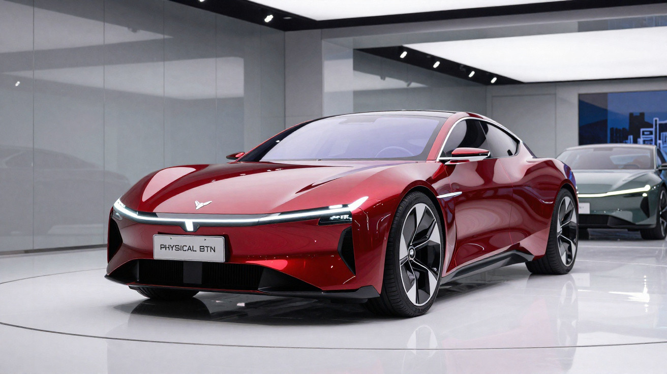 Carro esportivo vermelho futurista exposto em showroom moderno e iluminado.