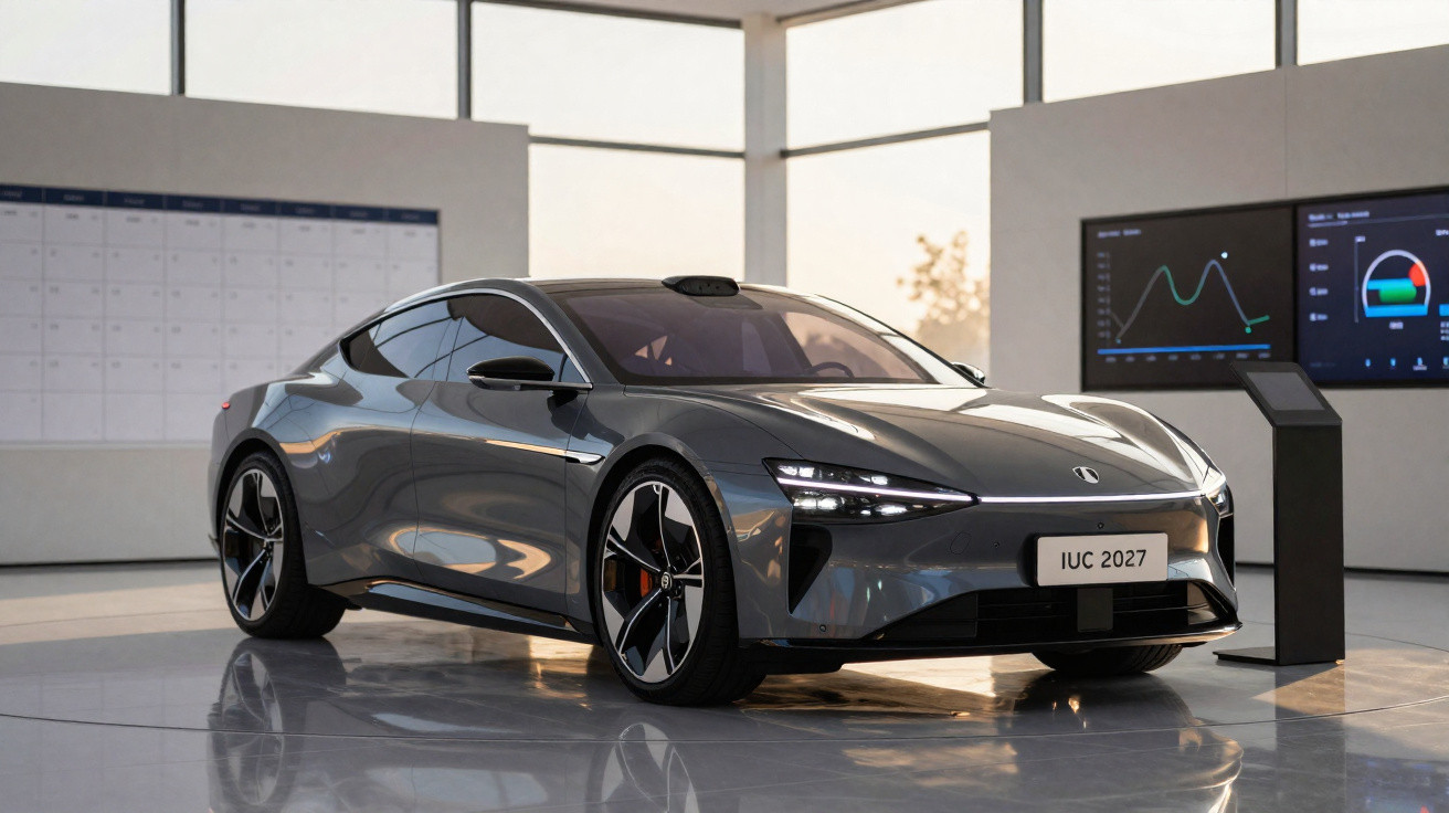 Carro esportivo cinza escuro futurista em exposição em ambiente moderno com janelas grandes.