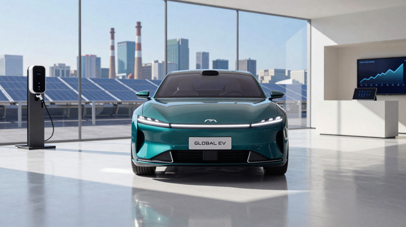Carro elétrico verde estacionado em garagem moderna com painel solar e estação de recarga elétrica.