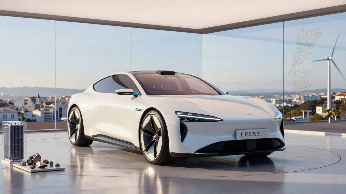 Carro esportivo elétrico branco estacionado em ambiente futurista com vista para cidade e turbinas eólicas.
