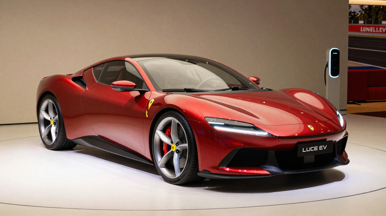 Carro esportivo elétrico Ferrari vermelho modelo Luce EV em exposição sobre plataforma circular branca.