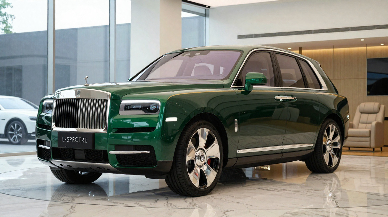 Carro SUV de luxo Rolls-Royce E-Spectre verde em showroom moderno com piso de mármore.