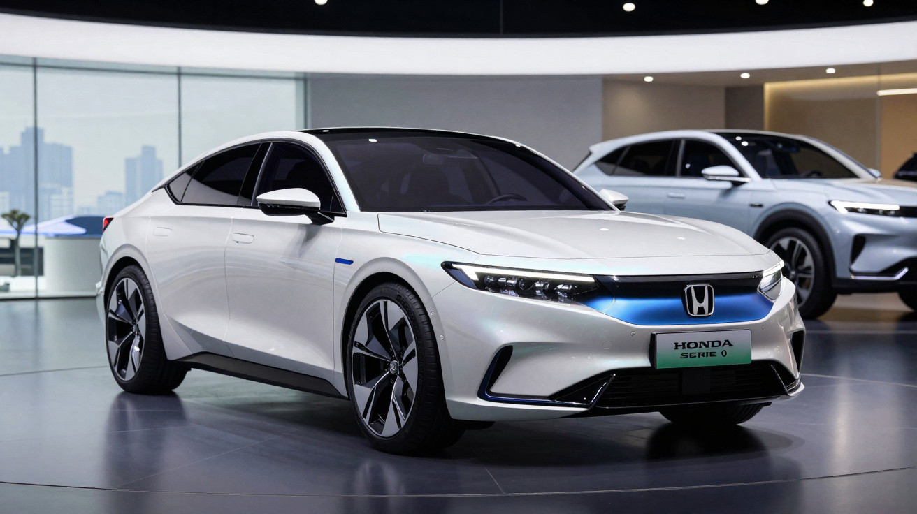 Carro elétrico branco Honda Série 0 estacionado em ambiente interno moderno e iluminado.