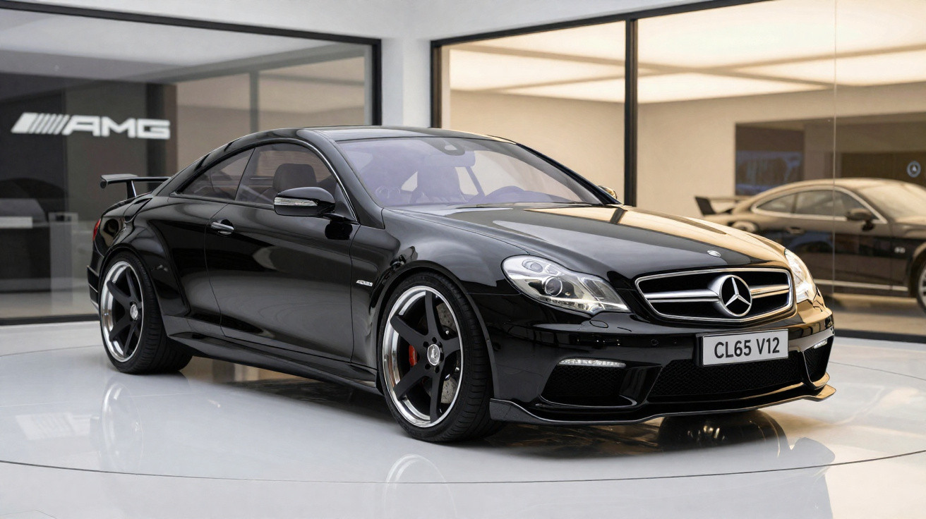 Carro esportivo Mercedes-Benz AMG preto com rodas grandes exibido em showroom moderno.