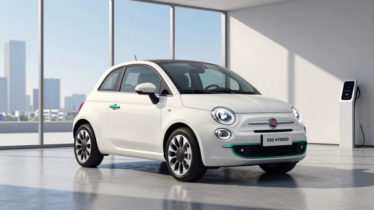 Carro branco Fiat 500 Hybrid estacionado em garagem moderna com carregador elétrico na parede.
