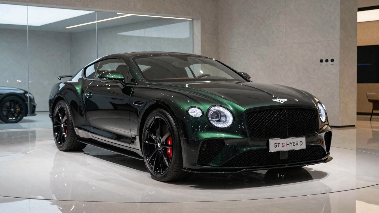 Carro esportivo Bentley GT S Hybrid verde escuro exibido em showroom moderno com piso branco brilhante.