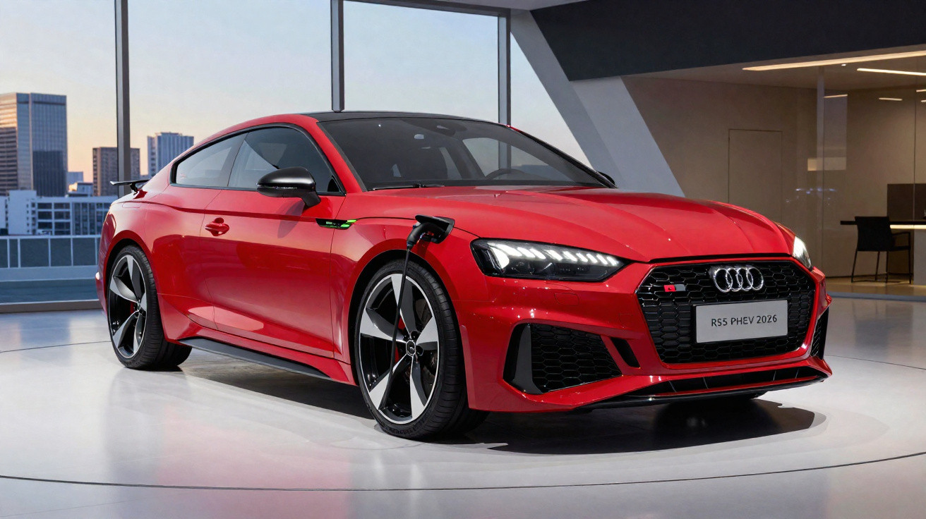 Carro esportivo vermelho Audi RS5 PHEV 2026 com design moderno ligado a carregador elétrico em ambiente interno.