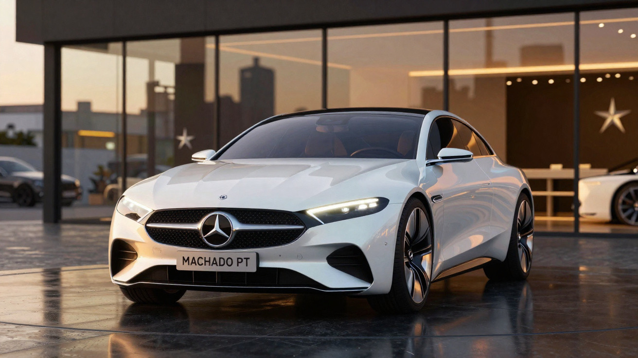 Carro esportivo branco Mercedes-Benz estacionado em frente a prédio moderno com vidro refletivo ao pôr do sol.