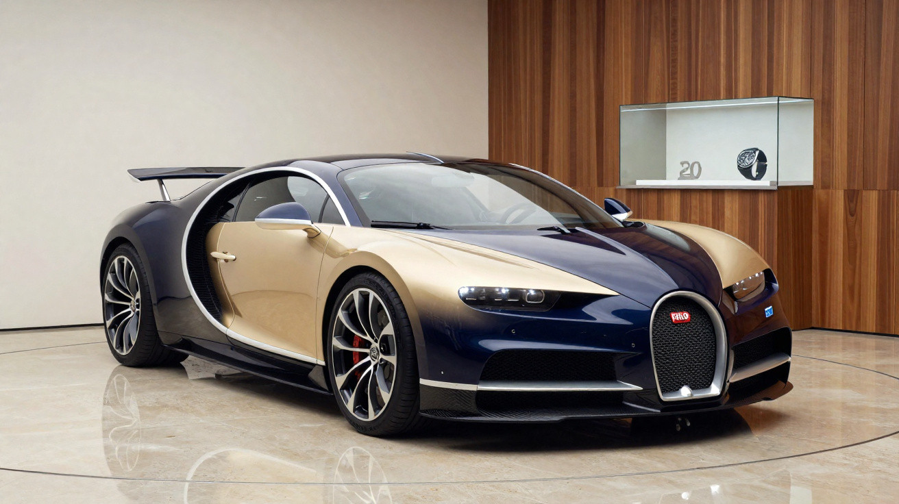 Carro esportivo Bugatti Chiron bicolor azul e bege em exposição em ambiente interno moderno.