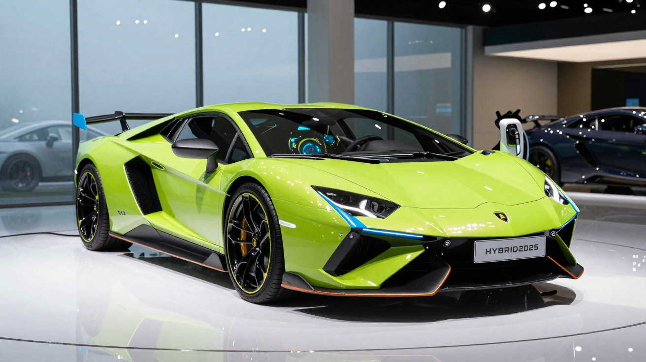 Carro esportivo híbrido Lamborghini verde-limão exibido em salão automotivo moderno.