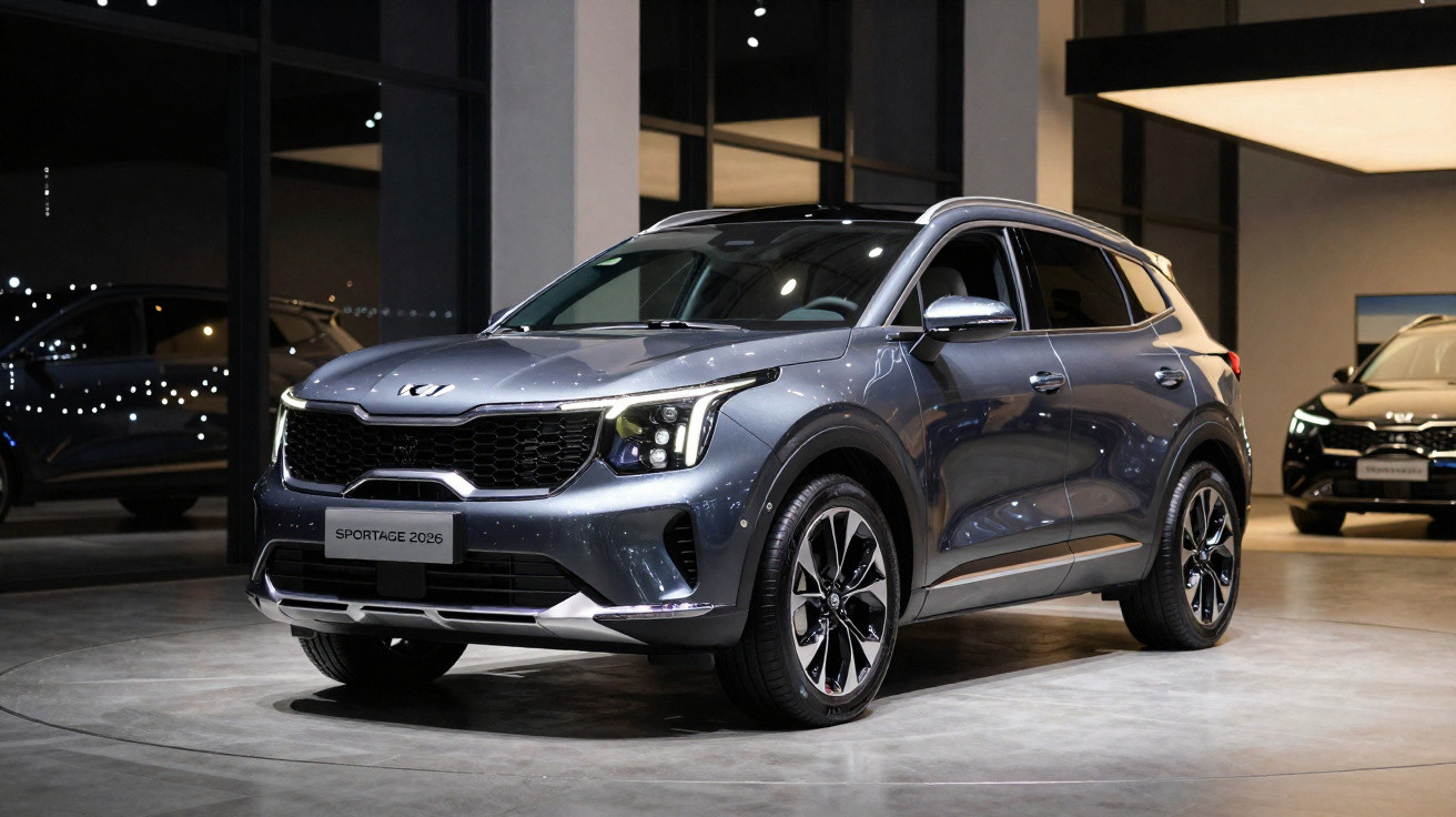 SUV cinza metálico Kia Sportage 2026 exibido em showroom moderno com iluminação ambiente.