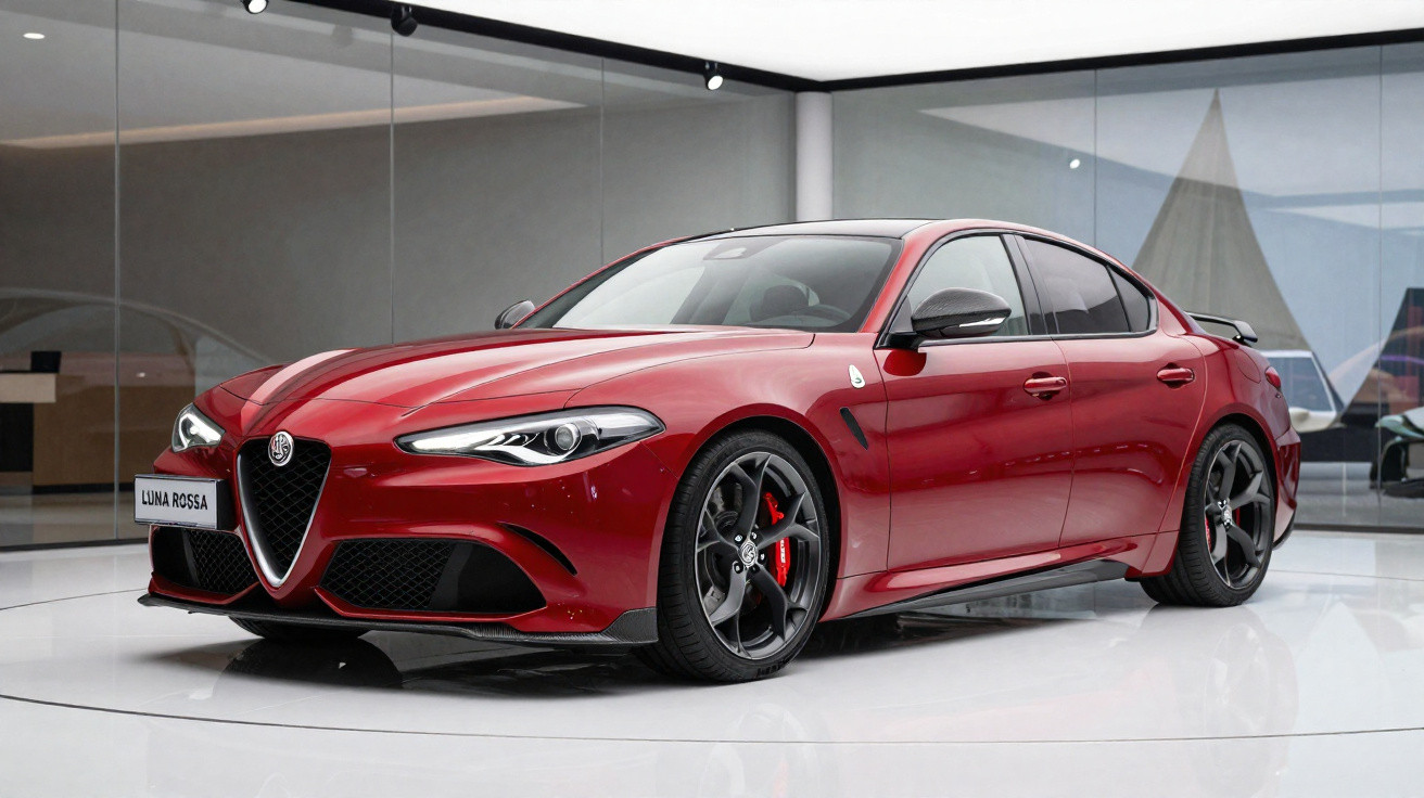 Carro esportivo sedã Alfa Romeo vermelho em exposição com rodas pretas e freios vermelhos.