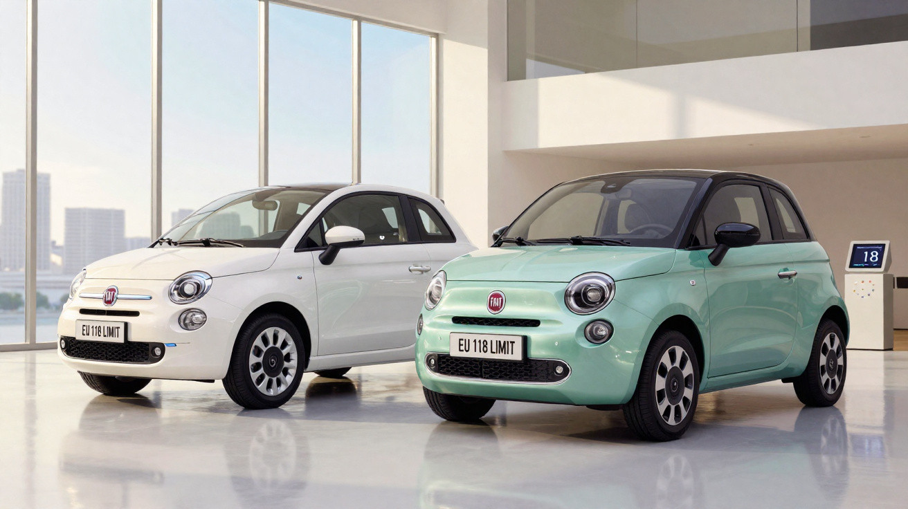 Dois carros Fiat 500 EU 118 Limit, um branco e outro verde água, em ambiente interno com grandes janelas.