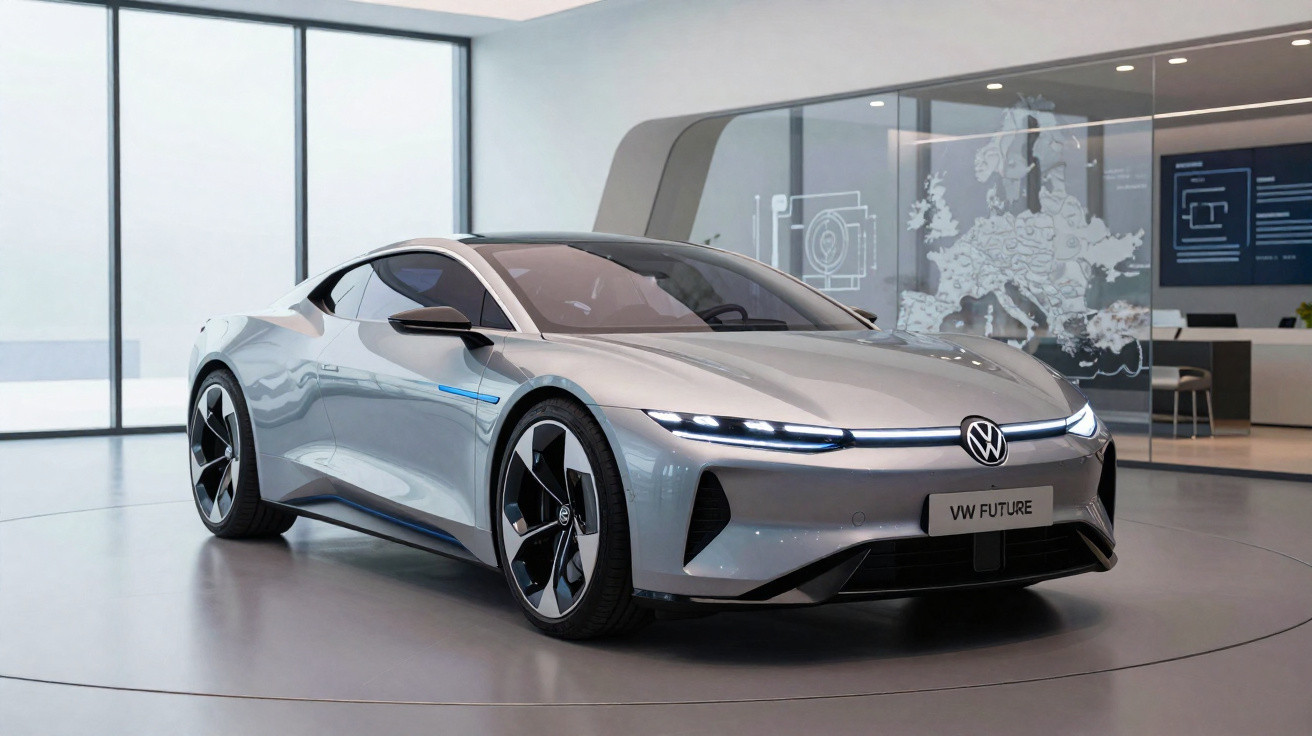 Carro esportivo elétrico prateado VW Future exposto em ambiente moderno e minimalista.