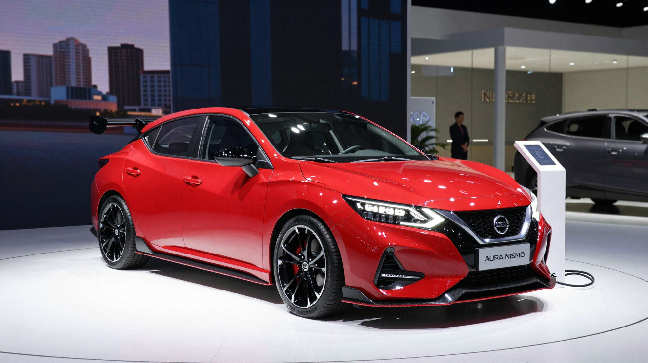 Carro esportivo vermelho Nissan Aura Nismo exposto em salão automotivo com fundo urbano.