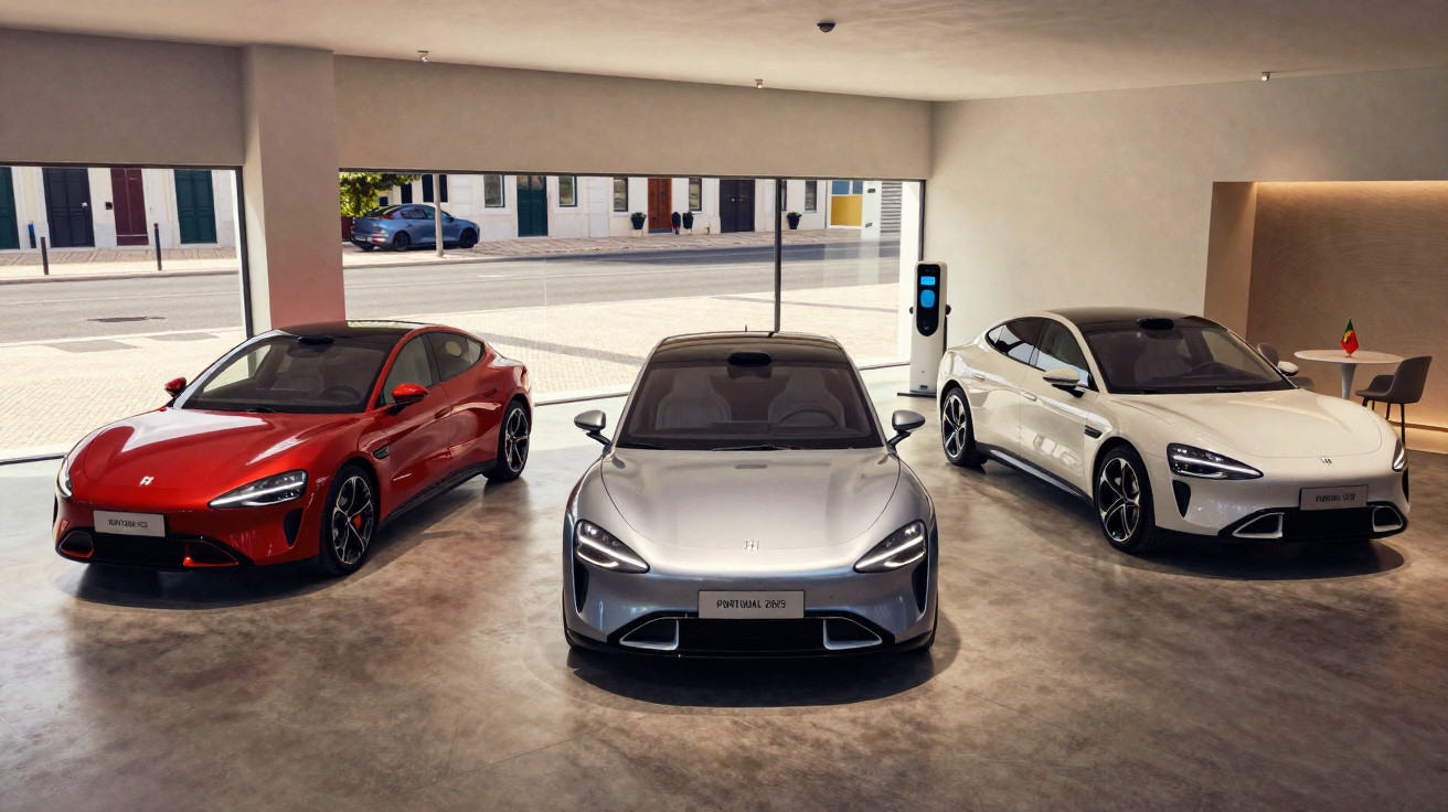 Três carros elétricos Porsche Taycan em vermelho, prata e branco expostos em showroom moderno.