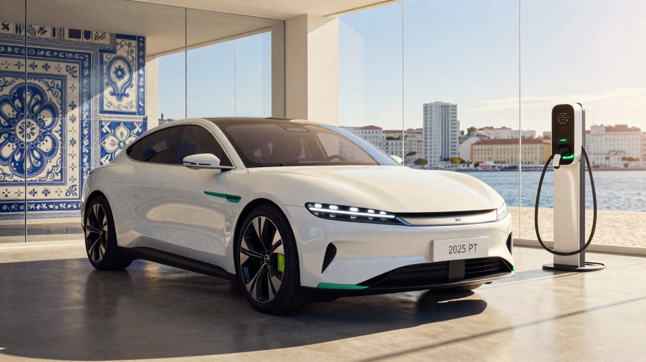 Carro elétrico branco moderno sendo carregado em estação próxima à janela com vista para cidade e água.