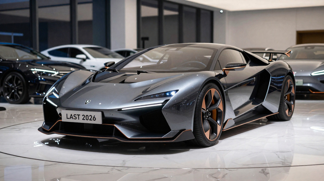 Carro esportivo de luxo cinza metálico com design futurista em showroom moderno.