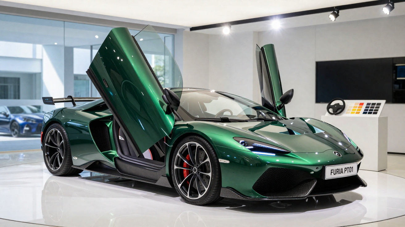 Carro esportivo verde metálico com portas estilo asa de gaivota em showroom moderno.
