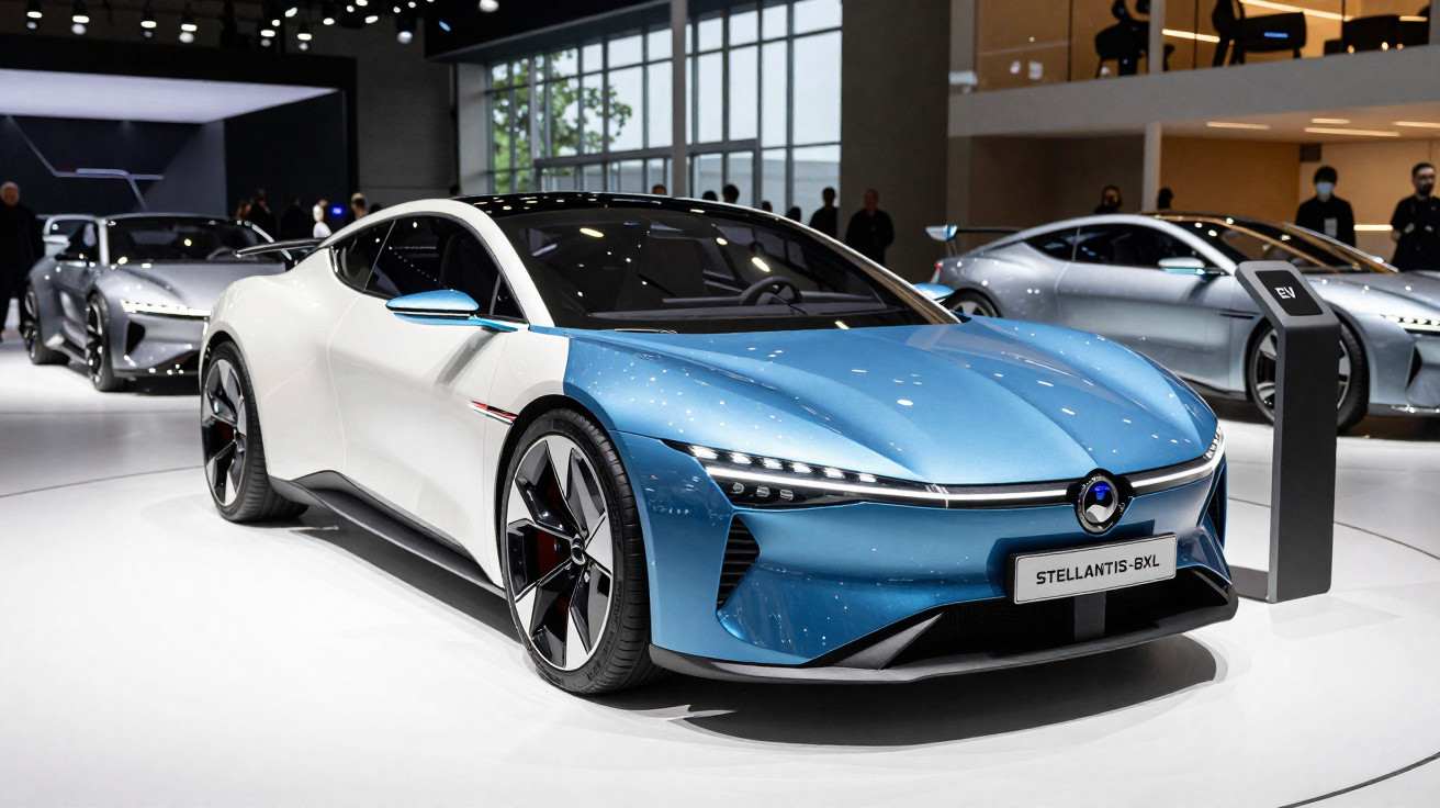Carro esportivo elétrico azul e branco Stellantis-BXL em exposição com outros veículos ao fundo.