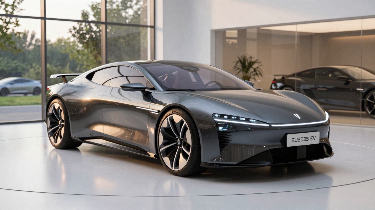 Carro esportivo elétrico cinza com design futurista exibido em showroom moderno.