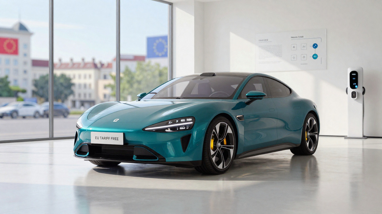 Carro elétrico azul em showroom minimalista com parede branca e tomada de carregamento.