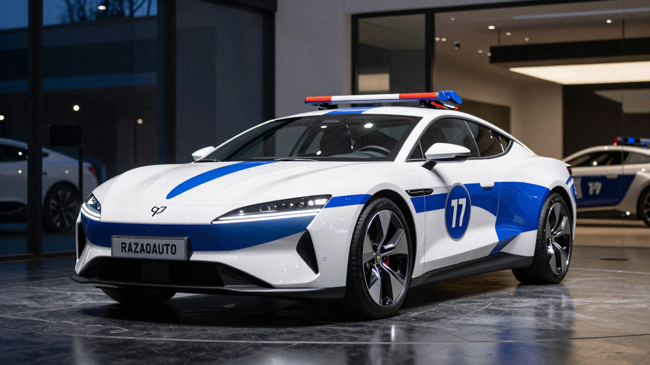 Carro policial esportivo branco com detalhes azuis e sirene no teto em ambiente interno iluminado.