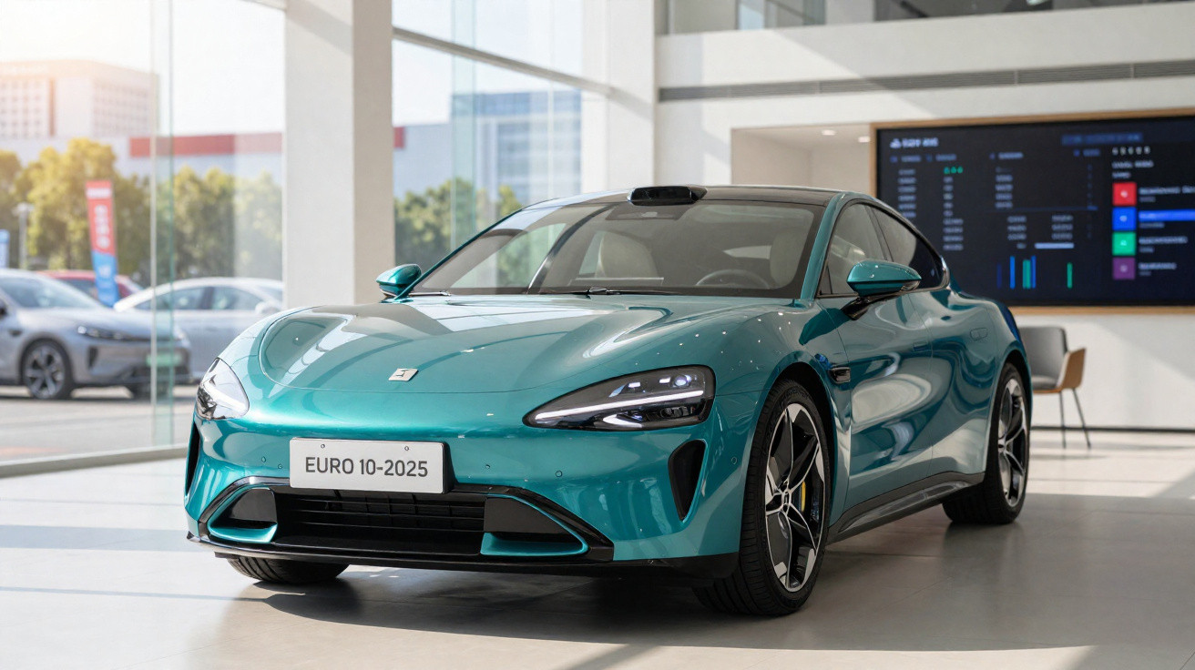 Carro elétrico esportivo azul em exposição dentro de loja com placas Euro 10-2025.