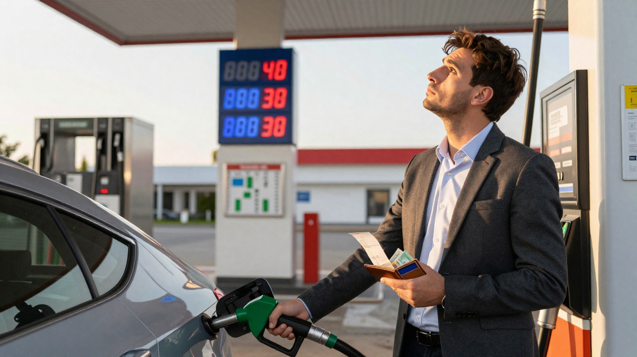 Homem vestindo terno abastece carro em posto de gasolina enquanto olha para painel de preços.