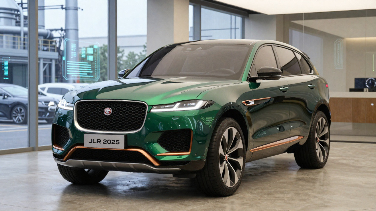 Carro SUV verde metálico Jaguar JLR 2025 estacionado em showroom moderno com vidro.