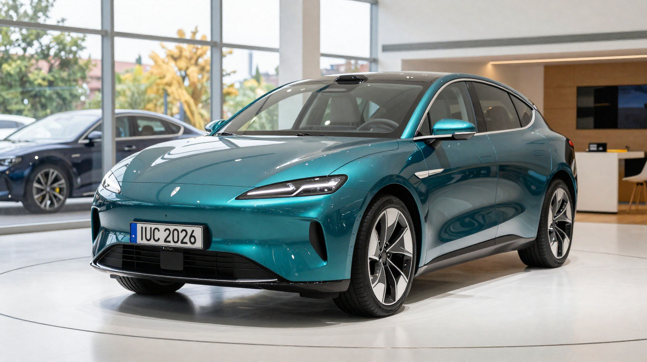 Carro elétrico azul metálico exibido em showroom moderno com grandes janelas de vidro.