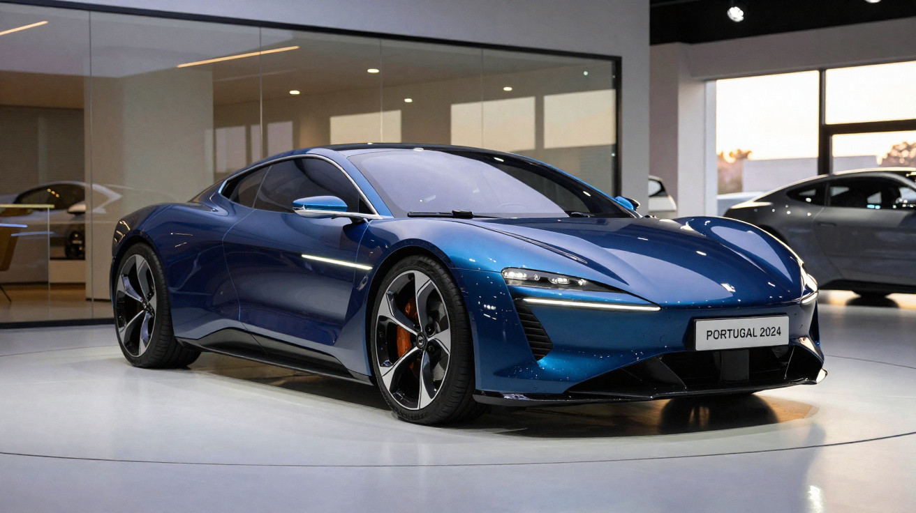 Carro esportivo elétrico azul brilhante exposto em showroom moderno com placa Portugal 2024.
