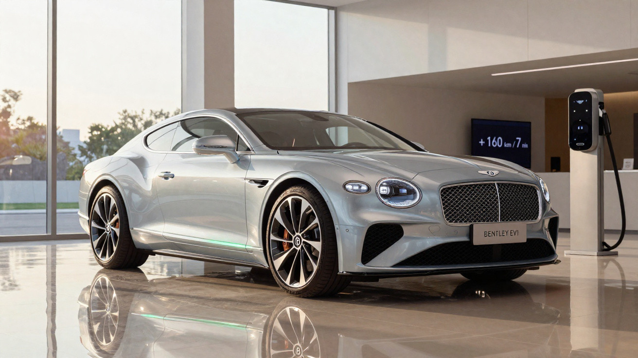 Carro elétrico Bentley EV1 prata estacionado em showroom ao lado de estação de recarga.