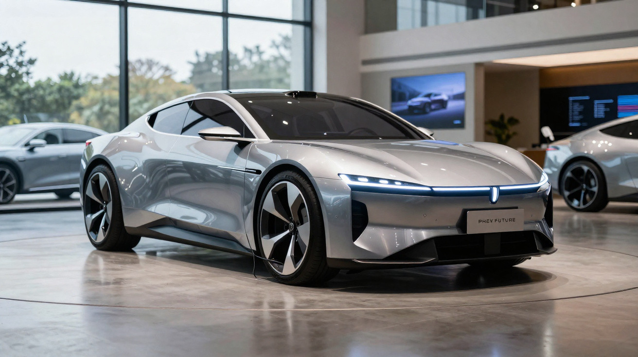 Carro elétrico esportivo prata estacionado em ambiente interno de showroom moderno e iluminado.