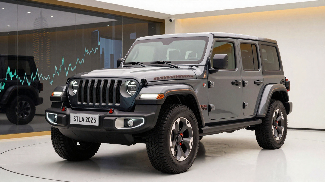 Jeep Wrangler cinza estacionado em ambiente interno moderno com vidro ao fundo.