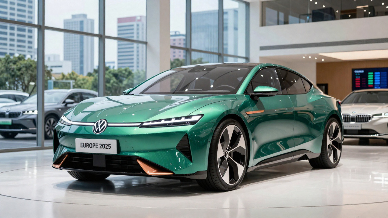 Carro elétrico verde Volkswagen Europe 2025 exposto em showroom moderno com grandes janelas.