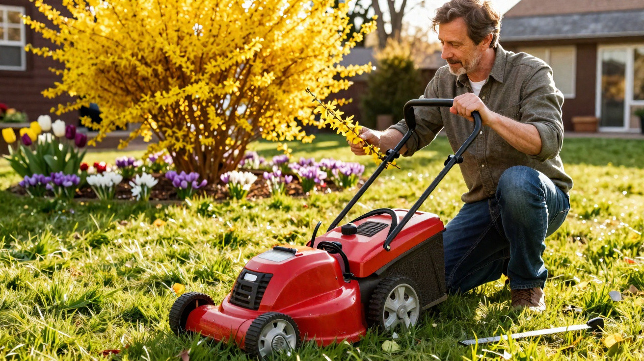 Homem ajeitando cortador de grama vermelho em jardim com flores coloridas ao fundo.