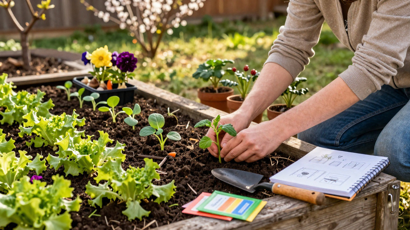 Pessoa plantando muda em canteiro com alface e flores, com caderno, sementes e enxada ao lado.