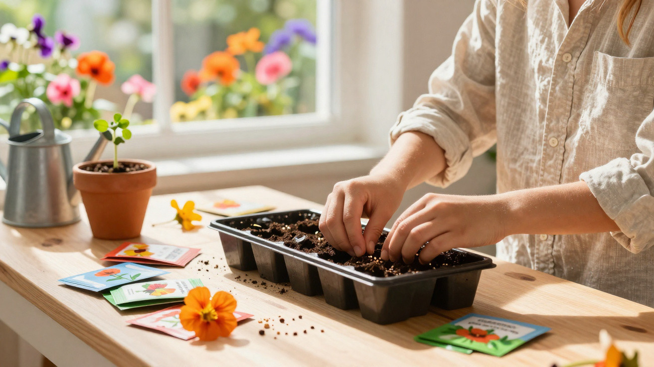 Pessoa plantando sementes em bandeja com terra ao lado de pacotes e flores em pote na mesa.