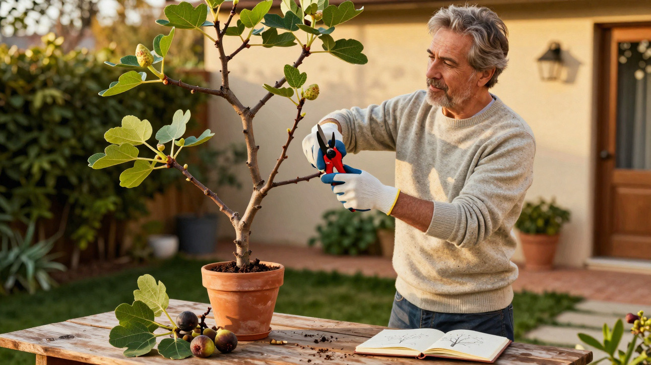 Homem podando planta em vaso sobre mesa de madeira, com livro aberto ao lado, em jardim ao ar livre.