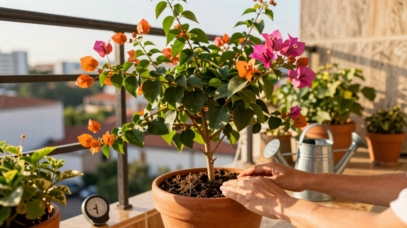 Mãos cuidando de planta com flores laranjas e rosas em vaso de barro em varanda com regador ao fundo.