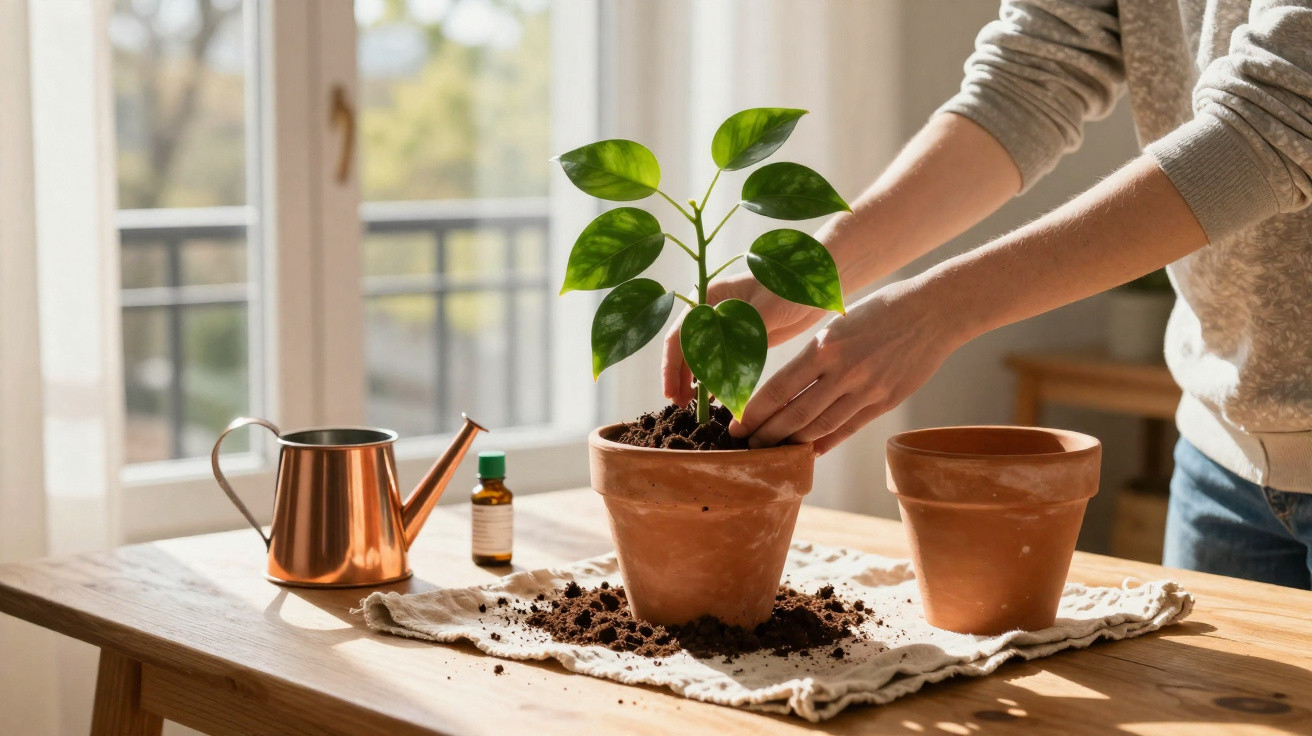 Pessoa transplantando planta com regador e frasco sobre mesa de madeira iluminada por luz natural.