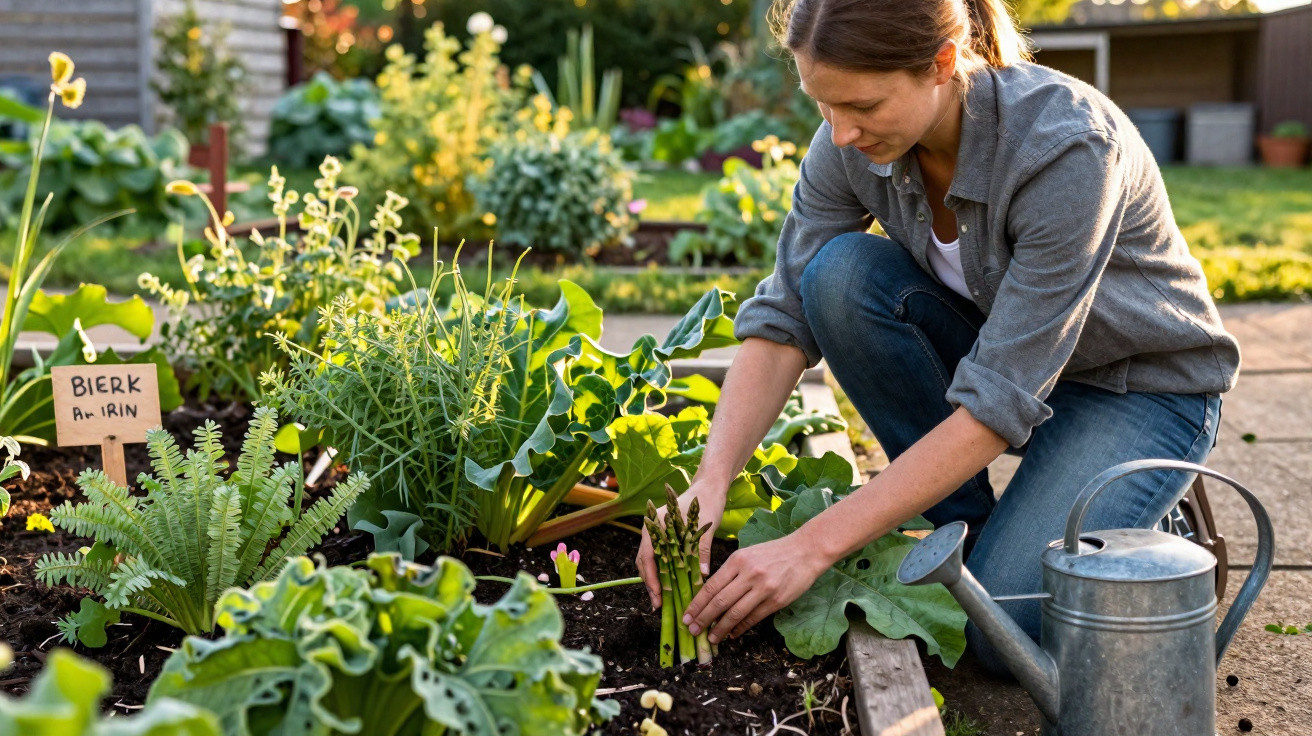 Mulher cuidando de plantas e colhendo aspargos em jardim com regador metal ao lado.